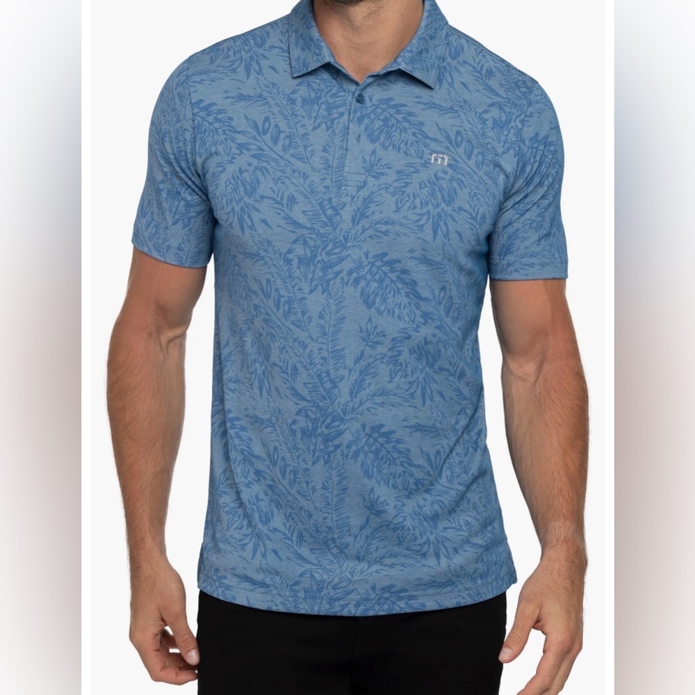 TravisMathew "Forever Young" Palm Print Golf Polo - Heather Mid Blue - 3XL